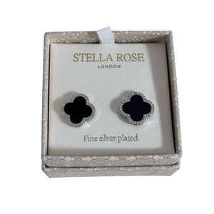 Stella Rose London fine silver plated black clover stud earrings with a crystal